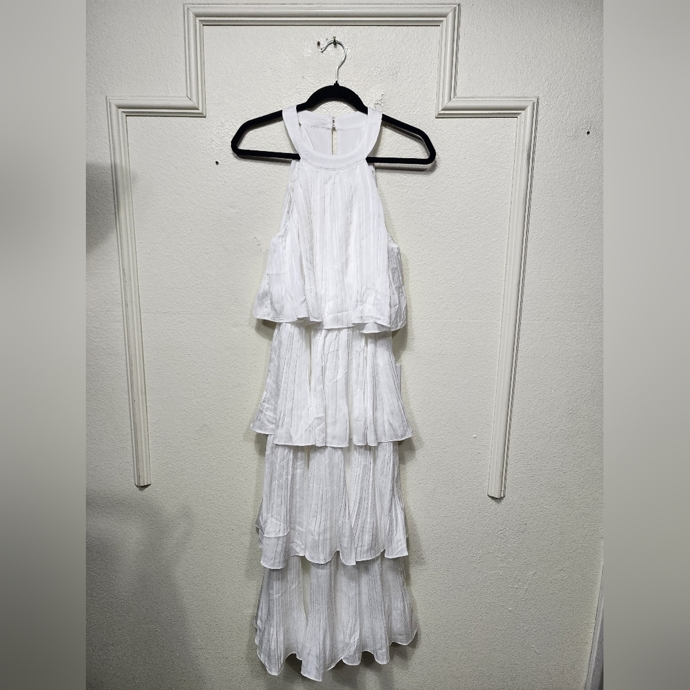 Lulus Tier and Far White Tiered Pleated Halter Midi Dress S Wedding Party Bridal - Picture 8 of 12